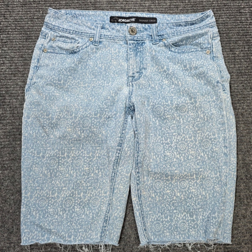 Jordache Skinny Crop Jeans Women's Size 8 Light Blue Floral Lace Print Raw Hem